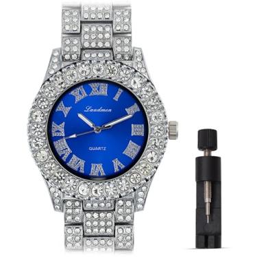 Imagem de ICEDTAG Conjunto de relógio e pulseira com algarismos romanos luxuosos com pedras grandes, mostrador colorido, Ouro branco - mostrador azul, Regular, Decoração de festa chá de bebê dia dos namorados