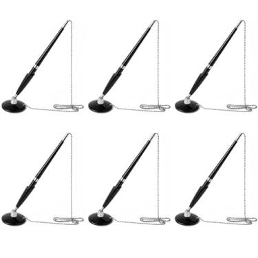 Imagem de 6 canetas esferográficas com corrente e base segura, ponta de 0,7 mm, ideal para escritórios e mesas de hotel