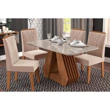 Imagem de Sala De Jantar Completa ágata Tampo Madeirado C- Vidro 130x80 Cm E 4 Cadeiras Nicole Savana-nature-off White -suede Nude Bege - Cimol