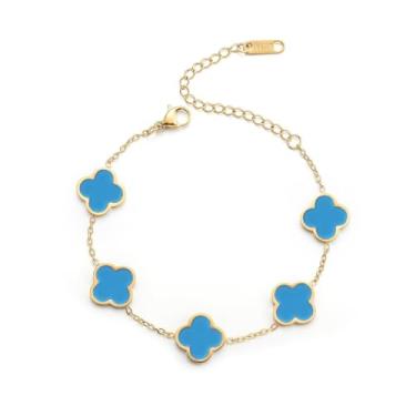 Imagem de Aurevella Pulseira feminina de trevo de quatro folhas banhado a ouro 18K, pulseira personalizada de luxo leve e leve de dupla face, presente de joias de aniversário de aniversário, 6.7in+2.0in/17cm+