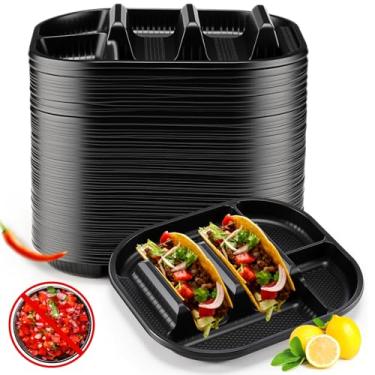 Imagem de Baderke Pacote com 60 pratos descartáveis de taco, placas de suporte de taco de PP com 2 divisórias para conchas macias e duras para terça-feira, festas, piqueniques, seguro para micro-ondas
