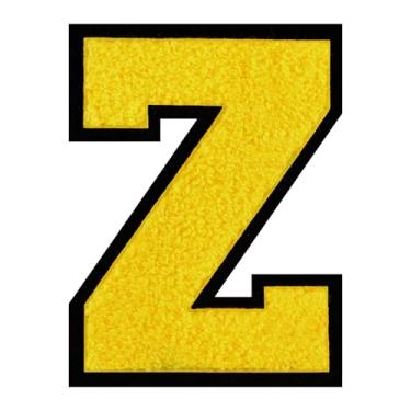Imagem de 1 PÇ Patch de letra de chenille amarelo de 15 cm com borda preta – Adesivos do alfabeto para roupas, jaquetas, mochilas, chapéus para decoração personalizada, nome personalizado e artesanato. (Z)