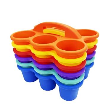 Imagem de MiraFure Organizador de armazenamento para sala de aula, pacote com 6 porta-copos de plástico arco-íris com alça, 6 compartimentos para material escolar, artes, artesanato, marcadores