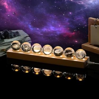 Imagem de 7 peças de bola de cristal com sistema solar 3D com LED, decoração de astronomia interestelar, lâmpada de galáxia espacial de Saturno de Júpiter para escritório em casa, presentes de aniversário de