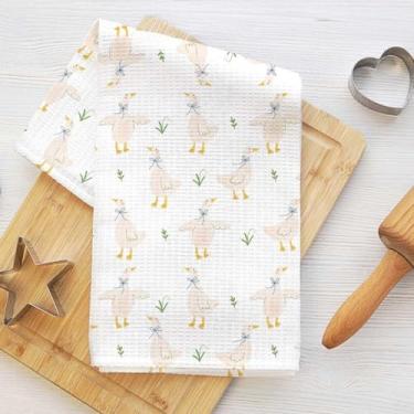 Imagem de Toalhas de cozinha fofas de pato de desenho animado, laços azuis absorventes de microfibra pano de prato decorativo, toalha de chá, toalhas de mão de waffle para cozinha, casa, banheiro, presentes