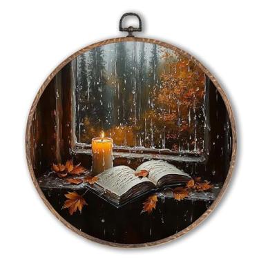 Imagem de Lengues Decoração de parede redonda de outono vintage, decoração de parede redonda de livros aconchegante, impressões de arte emolduradas em tela Cottagecore escura, moldura suspensa de folhas de