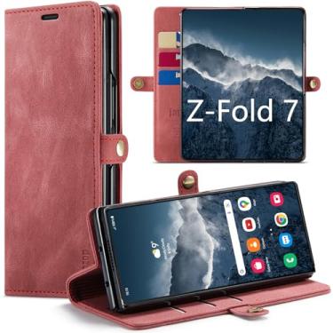 Imagem de Capa carteira para Samsung Galaxy Z Fold 7 com bloqueio RFID, suporte para cartão magnético, capa flip de couro para Samsung Galaxy Z Fold 7 5G (vermelha)