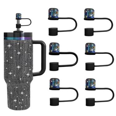 Imagem de JIASHEBDE Conjunto de acessórios para Stanley Cup, 6 peças, capa de canudo de diamante brilhante, tampa de canudos para Stanley 30 e 1,134 g com copos, acessórios de tampa de 1 cm para copo (preto