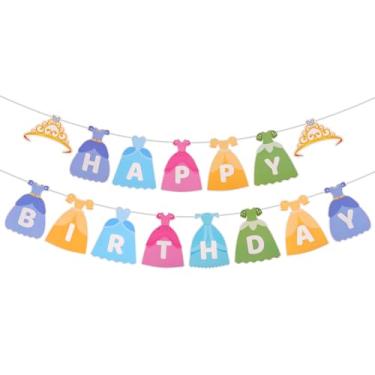 Imagem de Vestido Princesa Happy Birthday Banner, Pré-Enfiada Princesa Tema Aniversário Festa Decorações Colorido Pendurado Bandeirinhas para Menina Primeira Festa Suprimentos Acessórios Fotos