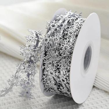Imagem de Fita de Natal de floco de neve prateada, fita de artesanato com design de floco de neve com glitter 3D, decoração festiva de Natal de inverno para grinaldas e presentes, acessório de feriado