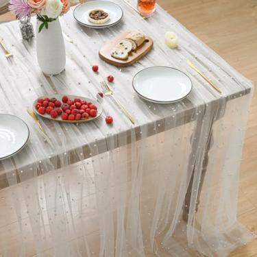 Imagem de Horaldaily Toalha de mesa branca pérola branca de gaze 152 × 300 cm, retangular, primavera verão, tule renda, toalha de mesa de chá de panela, para decoração de mesa de aniversário de casamento