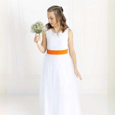 Imagem de Vestido Longo branco Faixa Lisa Laranja Claro Infantil com Saia Tule B
