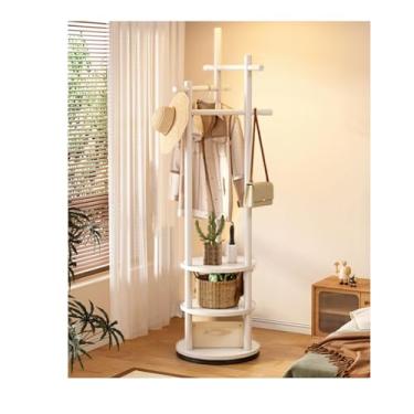 Imagem de Hhsdyl Cabideiro Giratório Madeira Maciça com 3 Prateleiras e Ganchos, Cabideiro Independente Suporte Casacos para Quarto, Entrada, Sala de Estar,White