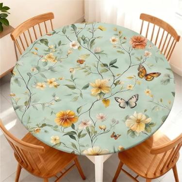 Imagem de Yesad Toalha de mesa elástica para mesas redondas, capa de mesa impermeável para mesa redonda de até 155 a 165 cm, capa de mesa de jantar para ambientes internos e externos, férias, flores e