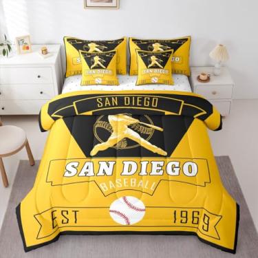 Imagem de Feelyou Conjunto de edredom solteiro de beisebol com 7 peças, para crianças, meninos, meninas, San Diego, 7 peças, decoração de quarto de jogos, microfibra leve e macia
