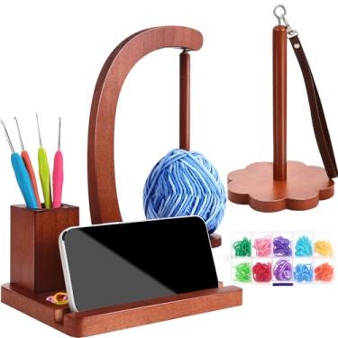 Imagem de Suporte de fio para crochê e tricô e suporte portátil de fio de pulso, suporte de fio de crochê de madeira com suporte para telefone, suporte magnético para esferas, fio giratório para marcadores de