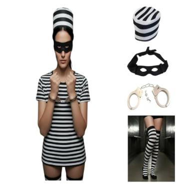 Imagem de Fantasia De Ladra Bandida Presidiária Criminosa C/Quepe Mascara Algemas Meias - 4 Pçs