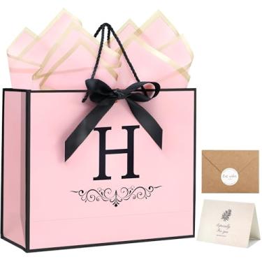 Imagem de KeerxunBag Sacos de presente personalizados para mulheres e meninas com inicial - Saco de presente de papel rosa monograma com laço de fita, papel de seda combinando, cartão e adesivo de envelope (H