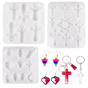 Imagem de Kissitty Kit de fabricação de moldes de silicone com pingente de joias de 3 peças, moldes de silicone com cruz de estrela branca para resina, molde de fundição de resina epóxi, moldes de silicone