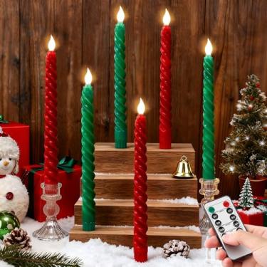 Imagem de Whaline 6 peças de velas espirais LED sem chama de Natal com controle remoto operado por bateria, vela elétrica vermelha verde para festa, casa, mesa de centro de mesa