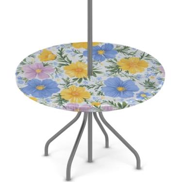 Imagem de Toalha de mesa para uso ao ar livre com orifício para guarda-chuva, toalha de mesa floral floral com zíper oculto, capa de mesa elástica para piquenique primavera verão capa de mesa de acampamento
