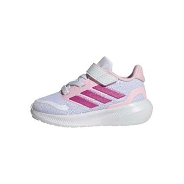 Imagem de adidas Tênis infantil Run Falcon 5 elástico com cadarço e alça, Branco/Rosa Claro/Cinza, 10 Toddler