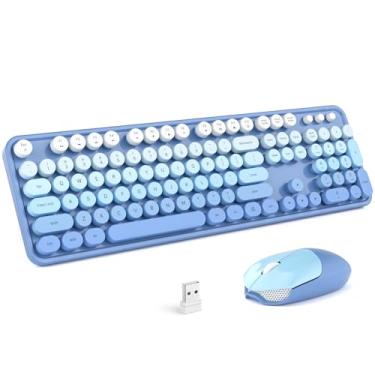 Imagem de Combo de teclado e mouse sem fio, teclado de máquina de escrever colorido SQMD com teclas redondas, mouse USB retrô sem fio de 2,4 GHz para PC, desktop, laptop e computador - gradiente azul