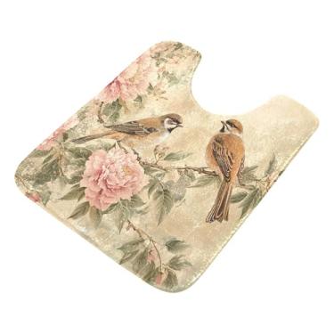 Imagem de Burbuja Tapete de banheiro Birds on Branches, tapete de banho absorvente de pelúcia macio, base antiderrapante para piso de banheiro, oval em forma de U