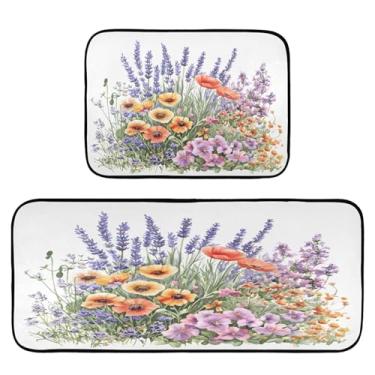 Imagem de Qilmy Tapetes de cozinha de flores silvestres e borboletas, 2 peças, tapete de entrada frontal, antiderrapante, alivia a fadiga, lavável, tapete para cozinha, quarto, varanda365