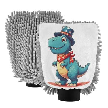Imagem de STAYTOP Luvas de lavagem de carro de dinossauro azul com desenho fofo, 2 peças, luvas de microfibra de chenille, sem arranhões, panos de esponja de lavagem ultra absorventes para carros, limpeza
