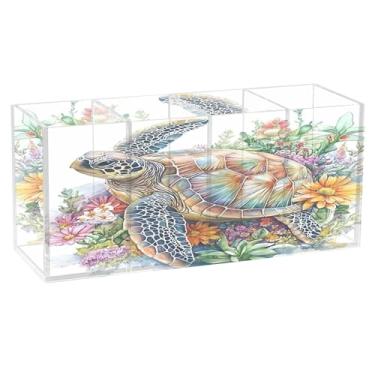 Imagem de Burbuja Porta-canetas de acrílico Turtle in The Sea com 4 compartimentos, suporte de lápis transparente para pincéis de maquiagem fixos, acessórios de mesa de escritório em casa