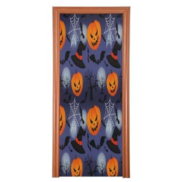 Imagem de Qilmy Decoração de capa de porta 89 x 200 cm tecido grande placa de decoração de festa de Halloween para porta da frente Halloween abóbora varanda decoração externa janela parede 639