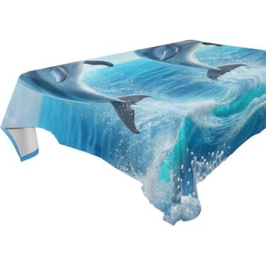 Imagem de Burbuja Toalha de mesa com golfinhos saltadores, toalha de mesa retangular, anti-rugas, grossa para decoração de jantar, cozinha, festa, 152 x 274 cm