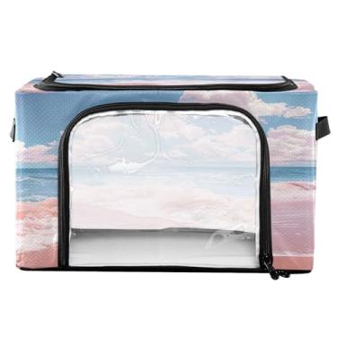 Imagem de xigua Caixotes de armazenamento de roupas de praia com moldura de metal em forma de fixação, 2 formas de abertura, caixa organizadora de roupas dobrável com janela transparente e alças para roupas