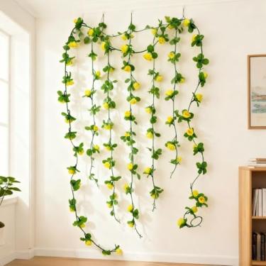 Imagem de 33 cabeças flores rosas artificiais folhas de planta verde videira DIY enfeites de decoração de arco de jardim para casa, jardim, 230 cm (1 peça, amarelo)