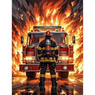 Imagem de Betkuzoka Kit faça você mesmo para bombeiros, bombeiro, caminhão, bombeiro, pontos de diamante, pintura artística de diamante 5D, pintura de broca redonda completa da Diamonds Gem Art para iniciantes