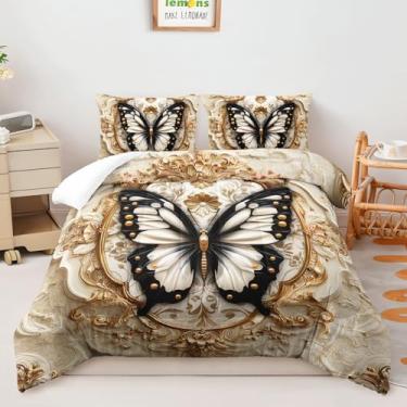 Imagem de AILONEN Conjunto de cama solteiro de borboleta preta e branca, estampa de luxo em relevo para crianças, meninas, edredom de microfibra macia + 2 fronhas, 3 peças