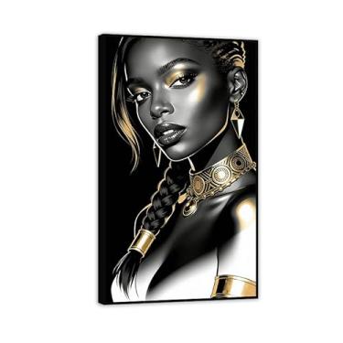Imagem de SDYJ6GSW Arte de parede feminina negra afro-americana pintura abstrata mulher dourada impressões em tela sala de estar quarto banheiro decoração de casa pronto para pendurar moldura preta 30 x 52 cm