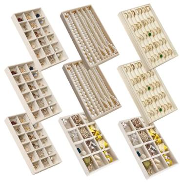 Imagem de Ntwoiee Conjunto de 9 organizadores de joias para gavetas, bandeja ajustável de veludo, suporte empilhável de brincos, bandeja organizadora de anéis, inserções organizadoras de gaveta de joias (bege)