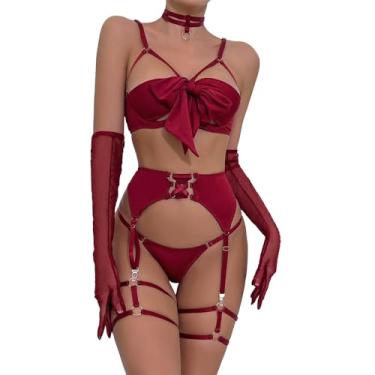 Imagem de ZYTC Conjunto de lingerie exótica feminina, cosplay, laço de Natal, dia dos namorados, fantasias sensuais, cinto liga, meio copo, sutiã biquíni, Vermelho, M