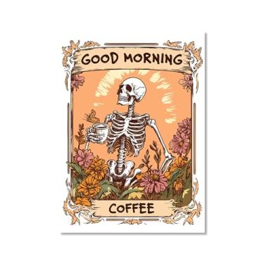 Imagem de Pôster vintage esqueleto manhã café engraçado caveira café arte de parede esqueleto gótico beber café arte para decoração de bar cozinha (SKU1,40.6x60 cm), sem moldura)