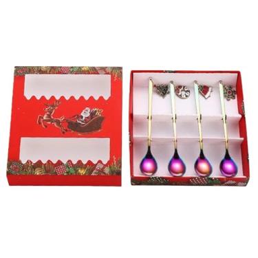 Imagem de Conjunto de colheres de aço inoxidável de Natal Ins Style, 4 peças, pingente criativo de sobremesa, colher de café, conjunto de caixa de presente estilo americano para presente de Natal (prata/ouro