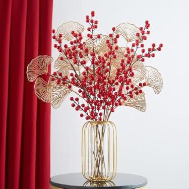 Imagem de Guirlanda artesanal de Natal com flores vermelhas e folhas de azevinho para enfeites de árvore de Natal, festa de ano novo, suprimentos domésticos (5 garfos - 57 cm)