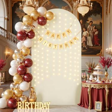Imagem de Capa de fundo de arco bege de 1,8 m com cordão de luzes, capas de arco de casamento, cenário elástico, festa, chá de bebê, chá de panela, foto de aniversário, fotografia de fundo, suporte de arco