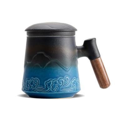 Imagem de ZENS Xícara de chá com infusor e tampa para imersão de folhas soltas, caneca de infusor de chá de cerâmica em relevo de 500 ml, difusor de chá com cabo de madeira, ótimo presente
