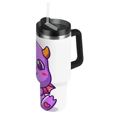 Imagem de Joisal Copos fofos de personagens de dragão roxo com tampas e canudo grande copo de 1,134 g com alça garrafa de água isolada de aço inoxidável garrafa de água cabe no copo do carro