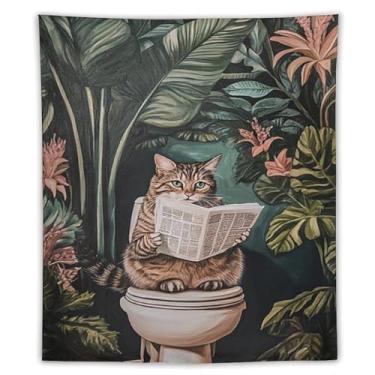 Imagem de Gato tropical fofo lendo jornal no banheiro tapeçaria engraçada decoração de parede botânica selva para banheiro lavabo banheiro hóspede casa decoração de parede presente 70 x 90 tapeçaria