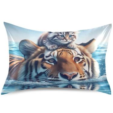 Imagem de Capa de almofada fofa de cetim com design de estampa de tigre gatinho e gato, capas de travesseiro padrão King Queen, tamanho Queen, 76 cm x 50 cm