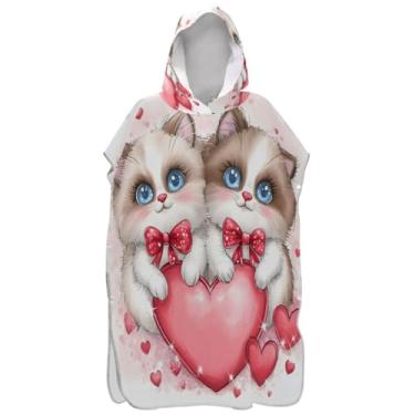 Imagem de Joisal Cute Cats Love Valentine Surf Poncho Trocador para Adul Ponchos de Praia Vestíveis para Homens Toalha de Natação com Capuz