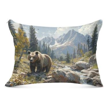 Imagem de Fronha de poliéster com zíper de montanhas de urso pardo para travesseiro padrão Queen King fronha com estampa fofa para casa, roupa de cama, tamanho king, 50,8 cm x 101,6 cm